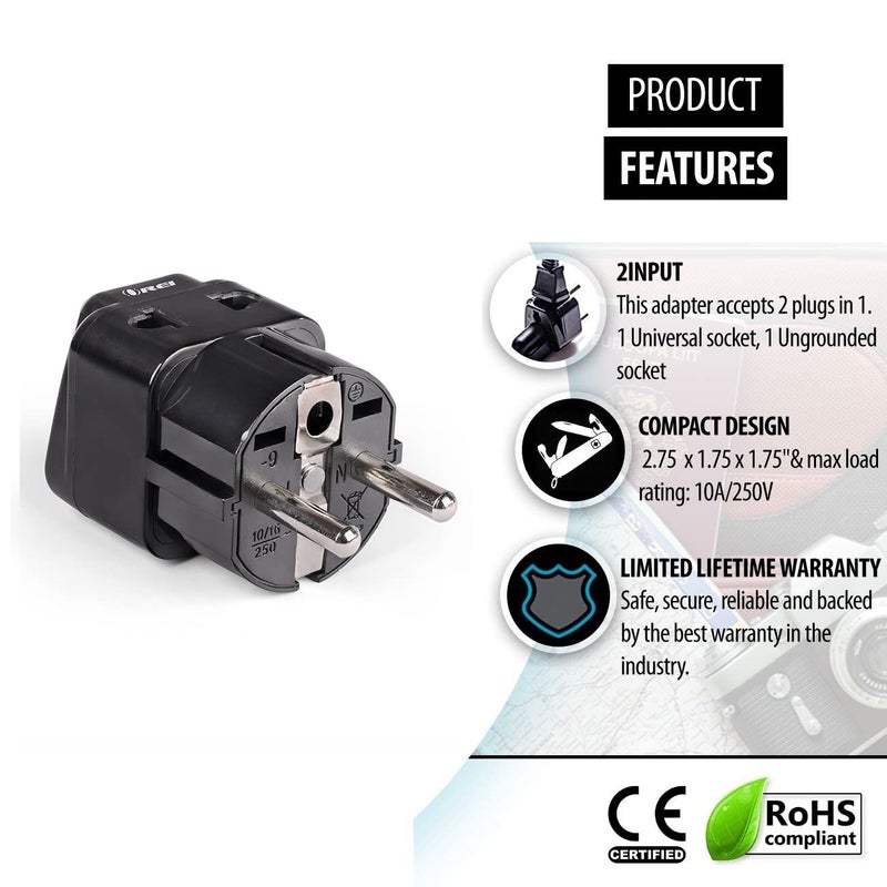 OREI Europe Adapter Set Schuko Type EF Type C Universal to Europe Travel Adapter 2 in 1 CE Certified RoHS Compliant Works in Most of Europe Albania Austria Belgium Greece - Image 5