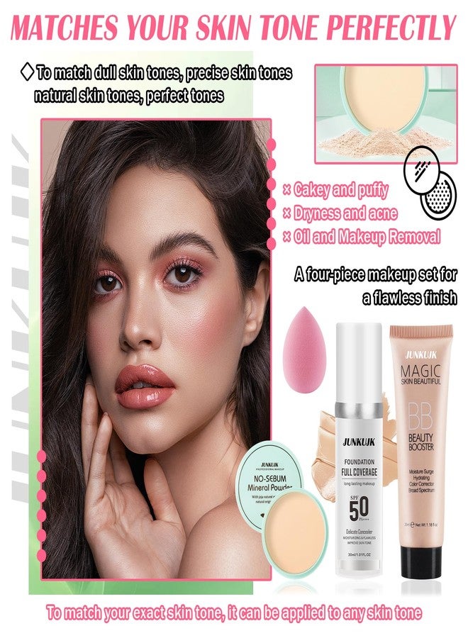 JunKuJK Color Changing Full Coverage Liquid Foundation Makeup Gift Set,Moisturizing BB Cream for Women,Flawless Loose Setting Powder Face Primer Base Makeup Kit With Make up Sponge - Image 2