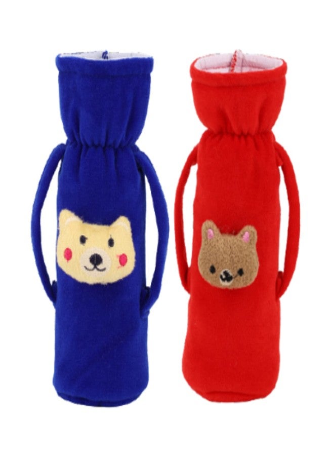Lala Maneet Soft Plush Baby Bottle Cover for Feeders, Stretchable Bottle Cover (120-250 ml) Set of 2 Baby Milk Feeding Bottle Cover Handle On Both Side for Easy to Hold Dark Blue & Red - Image 1