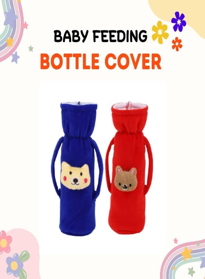 Lala Maneet Soft Plush Baby Bottle Cover for Feeders, Stretchable Bottle Cover (120-250 ml) Set of 2 Baby Milk Feeding Bottle Cover Handle On Both Side for Easy to Hold Dark Blue & Red - Image 2