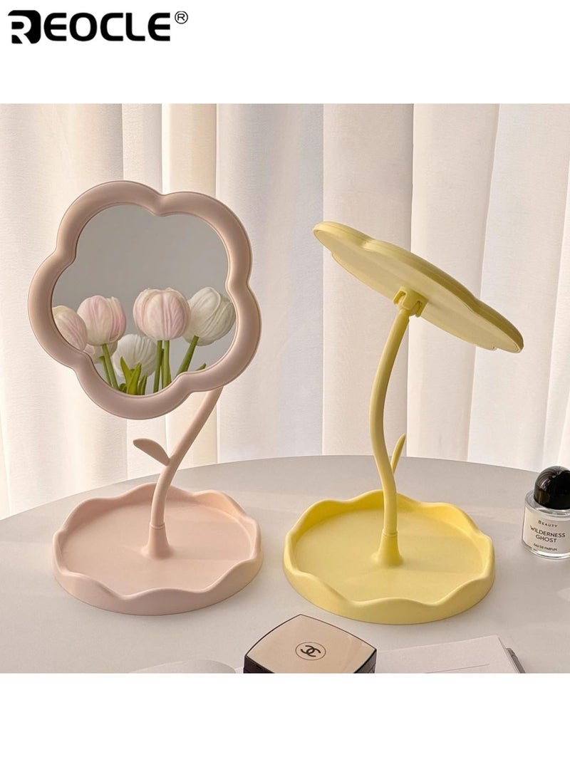 REOCLE Flower Shape Cosmetic Mirror with High Definition Glass & Adjustable Bracket Vanity Table Mirror with Plastic Frame for Dressing Table Room Decoration - Image 2