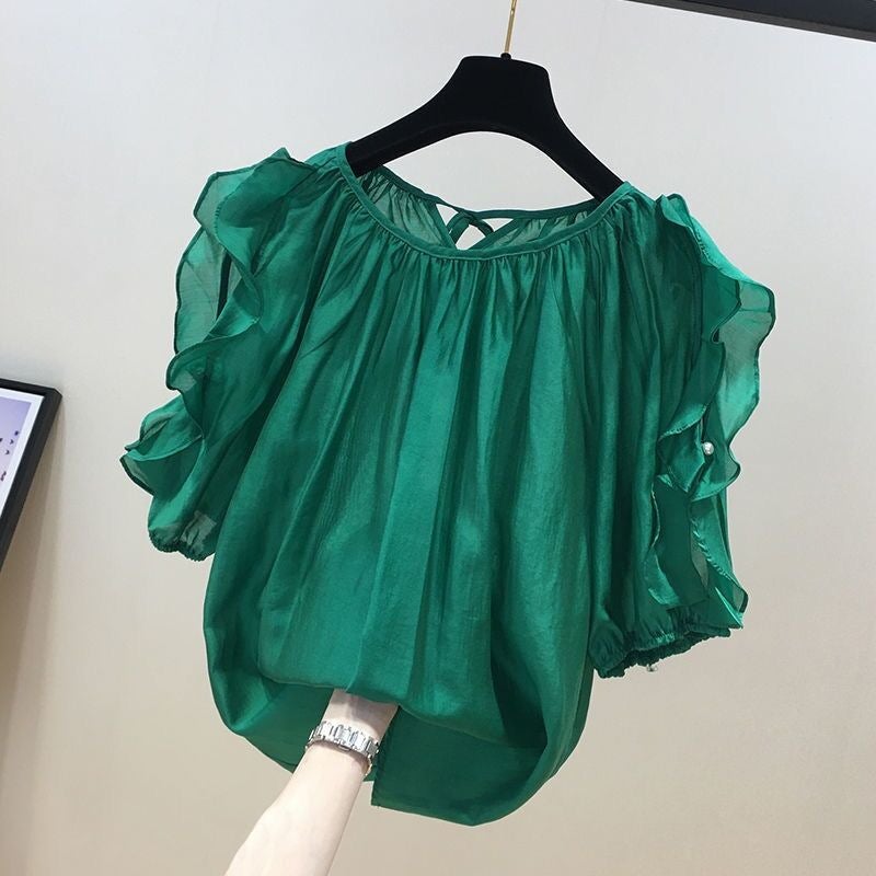 Chiffon T-Shirt Women's 2023 New Style Western Style Sweet Age-reducing Chubby Sister Elegant All-match Chic Top Small Shirt for Summer - Image 4