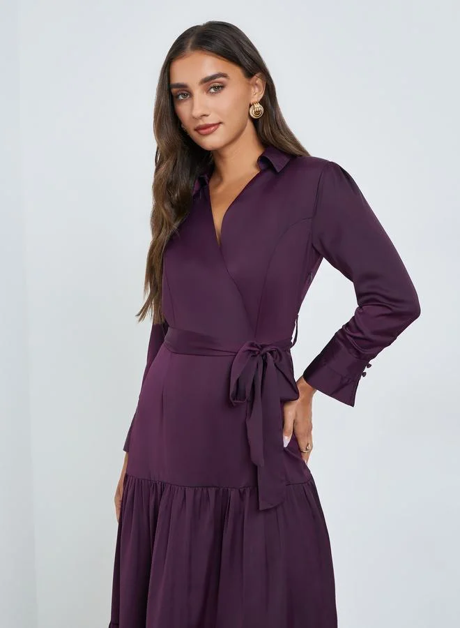 Styli Purple Tiered Maxi Dress with Tie Belt