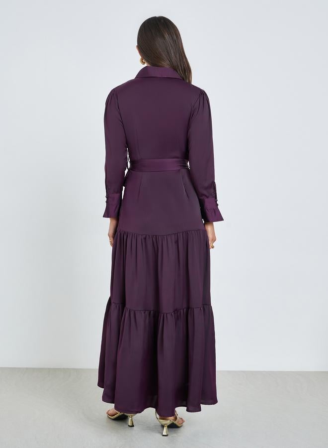 Styli Purple Tiered Maxi Dress with Tie Belt - Image 3