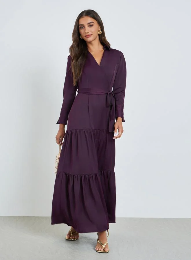Purple Tiered Maxi Dress with Tie Belt