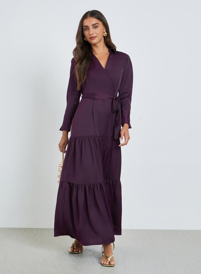 Styli Purple Tiered Maxi Dress with Tie Belt - Image 1