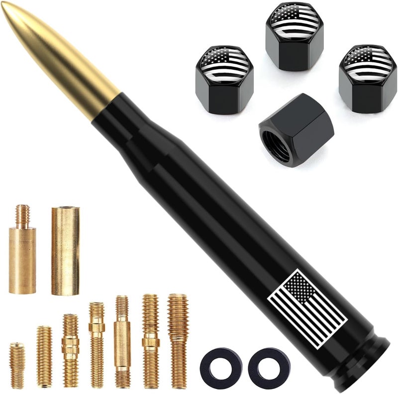 Engirette Car Antenna with American Flag Valve Stem Caps - Gold Bullet Style for Trucks and SUVs - Image 1