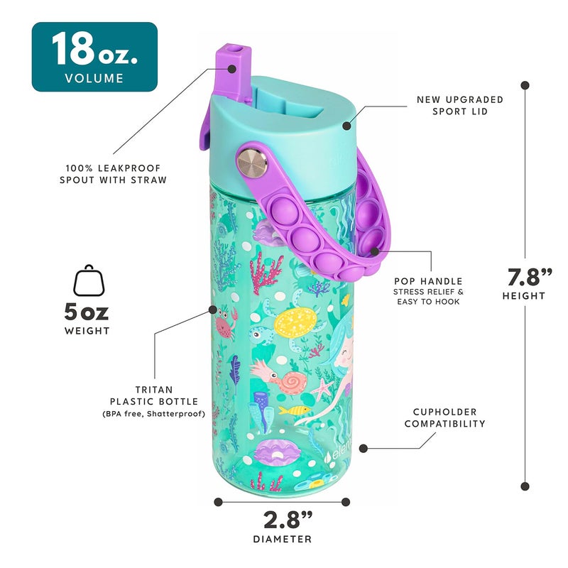 Elemental Water Bottles for Kids - Splash Kids Water Bottle for School with Pop-it Handle - BPA Free Tritan Plastic Water Bottle with Straw Leak Proof when Spout is Closed -Mermaid - 18oz - Image 2
