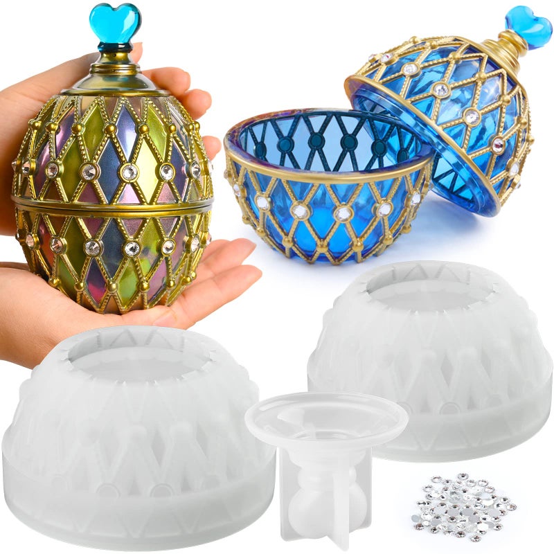 Actvty Resin Mold with Lid Large Silicone Mold with 100 Pieces Rhinestones for DIY Trinket Storage Container Candle Holder Candy Jar Craft Gifts
