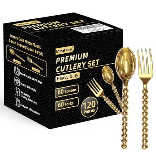 MiraFure Premium Gold Mini Dessert Utensils Set - 120-Piece (60 Forks & 60 Spoons) with Beaded Handle, 4.4 Inch BPA-Free Plastic, Appetizer Utensils for Parties, Charcuterie Boards & Tasting Events - Image 1