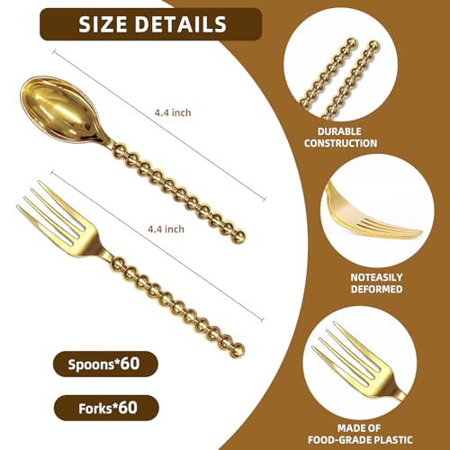 MiraFure Premium Gold Mini Dessert Utensils Set - 120-Piece (60 Forks & 60 Spoons) with Beaded Handle, 4.4 Inch BPA-Free Plastic, Appetizer Utensils for Parties, Charcuterie Boards & Tasting Events - Image 4