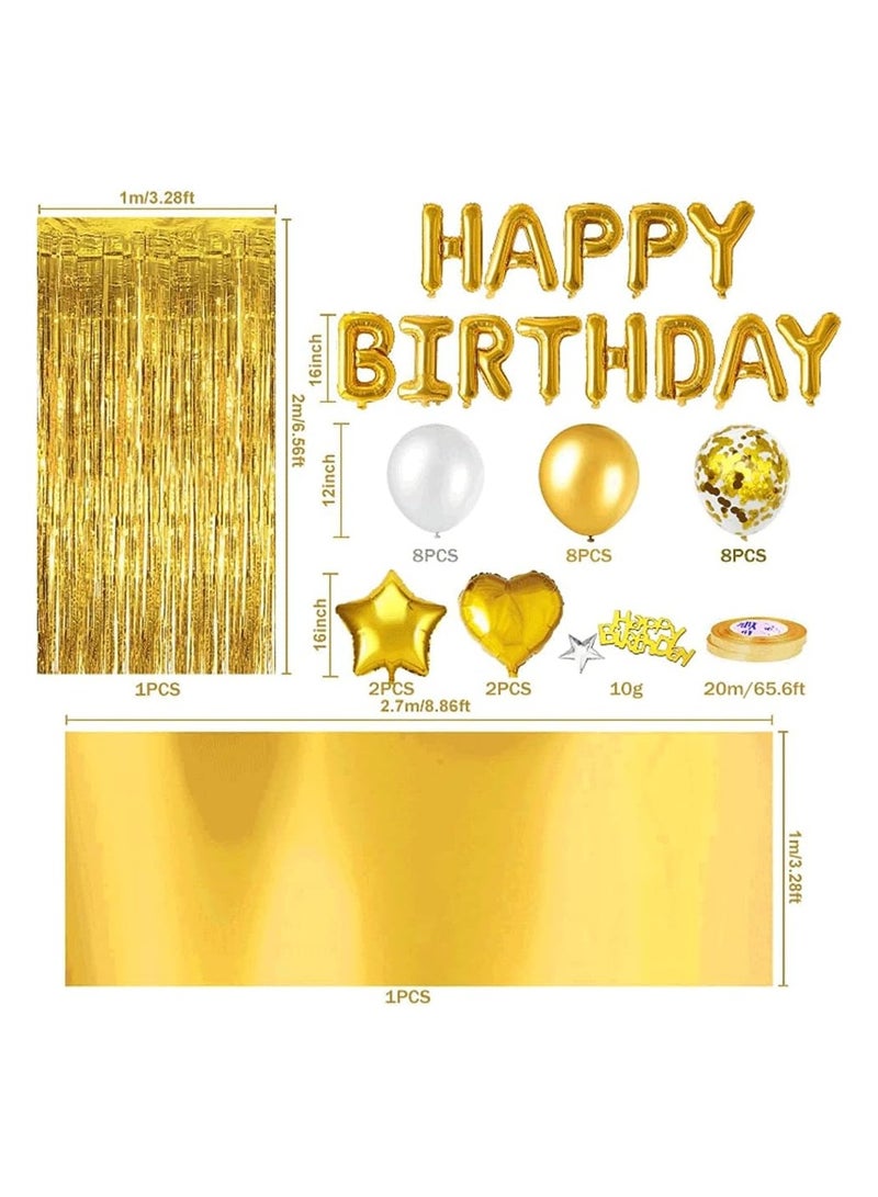 JEEJPV Gold Birthday Party Decoration, Happy Birthday Banner, Gold Fringe Curtain, Heart Star Foil Confetti Balloons, Foil Tablecloth,10g Table Confetti for Girl Boy Kids Men Women Adults - Image 2