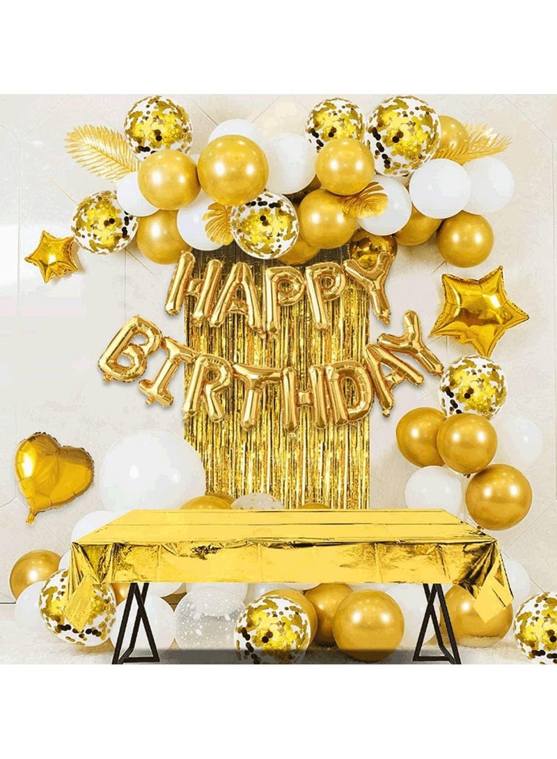 JEEJPV Gold Birthday Party Decoration, Happy Birthday Banner, Gold Fringe Curtain, Heart Star Foil Confetti Balloons, Foil Tablecloth,10g Table Confetti for Girl Boy Kids Men Women Adults - Image 1
