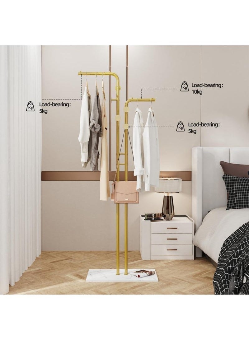 XiuWoo Double-pole Coat Racks Metal Gold Clothing Rack with 5 Hooks and Marble Base Modern Coat Hanger Stand for Entryway Living Room Bedroom - Image 2