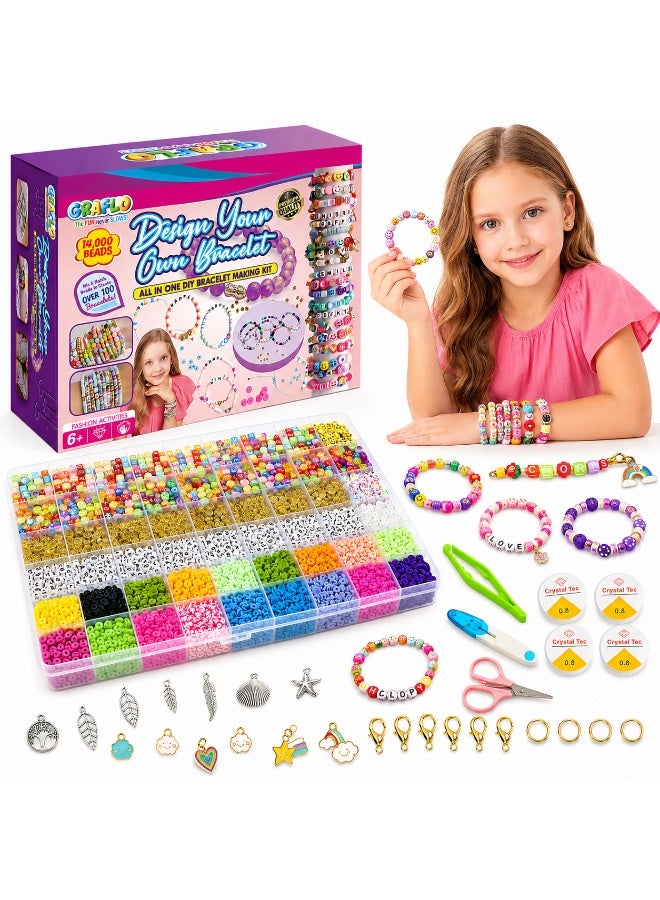 GRAFLO Bracelet Making Kit with 14,000 Pcs for Jewelry making, Polymer Clay beads for Teens Girls Crafts for Girls, DIY Arts and Crafts Gifts Toys for Kids 6+ Years - Image 1