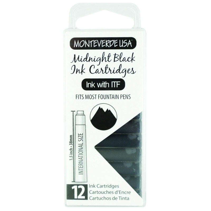 Monteverde USA International Standard Ink Cartridges - Midnight Black - Deep and Bold Writing Ink, Compatible with Most Fountain Pens, 12-Pack Box - Image 1