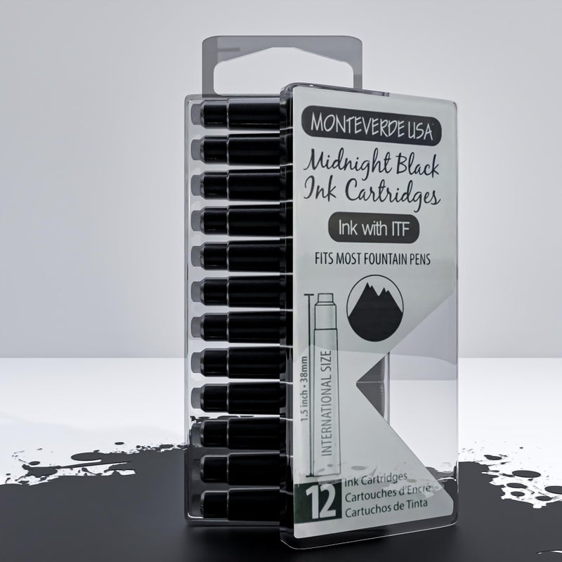 Monteverde USA International Standard Ink Cartridges - Midnight Black - Deep and Bold Writing Ink, Compatible with Most Fountain Pens, 12-Pack Box - Image 2