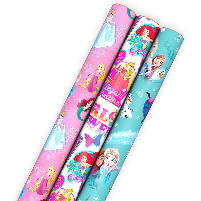 Hallmark Disney Princess and Frozen Wrapping Paper with Cutlines on Reverse (3 Rolls: 60 Square Feet Total) for Birthdays, Christmas, Valentine's Day - Image 1