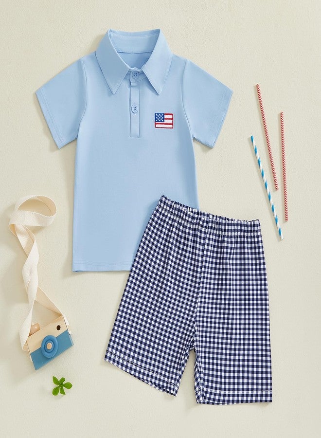Socutebabe Baby Boy 4th of July Outfits USA Flag Short Sleeve Button Down Polo Shirt Shorts Set Toddler Fourth of July Outfit (Blue, 4-5T) - Image 2