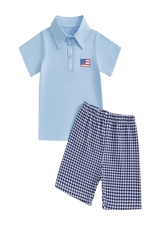 Socutebabe Baby Boy 4th of July Outfits USA Flag Short Sleeve Button Down Polo Shirt Shorts Set Toddler Fourth of July Outfit (Blue, 4-5T) - Image 1