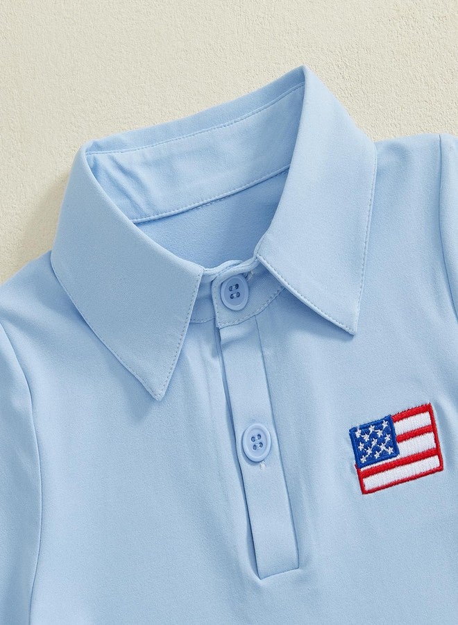Socutebabe Baby Boy 4th of July Outfits USA Flag Short Sleeve Button Down Polo Shirt Shorts Set Toddler Fourth of July Outfit (Blue, 4-5T) - Image 3