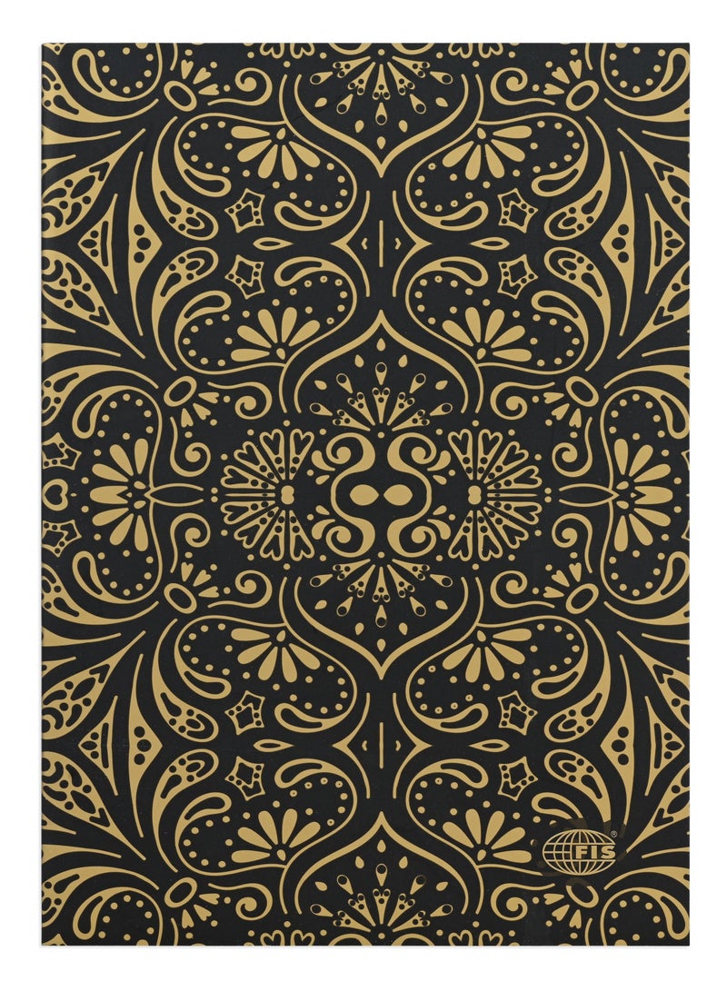 FIS® Notebook Soft Cover, A5 Size(14.8x21cm), 2 Quire, 192 Pages, 96 Sheets, Single Line Ruling, Golden/Black, Packet of 5 Pieces, Design 3 - FSNBSCA5GLBK03 - Image 1