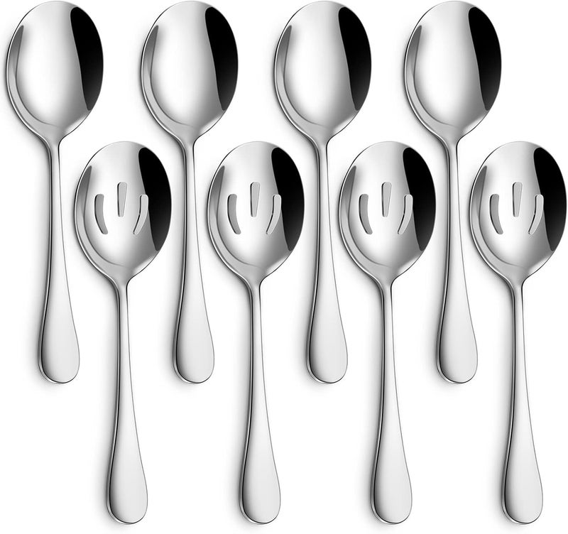 Hiware 8-Piece Serving Set - Includes 4 Spoons and 4 Slotted Spoons, 18/8 Stainless Steel Buffet Utensils - Mirror Polished, Dishwasher Safe, 8.6-Inch - Image 1