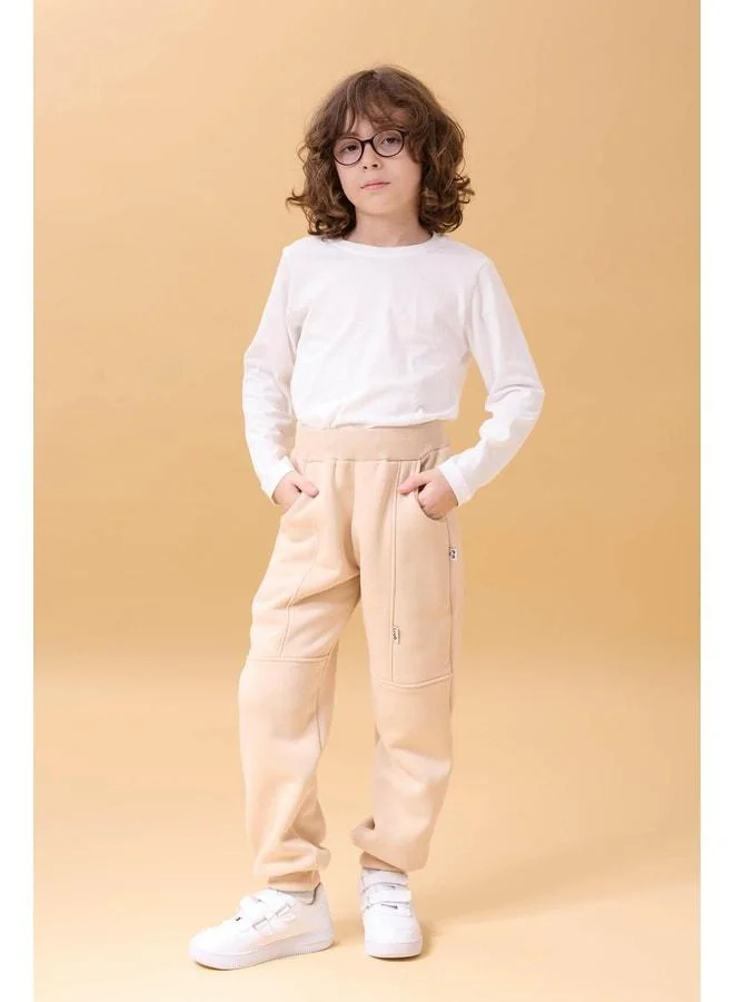 Perendi Thick Jogger Pocket Unisex Kids Sweatpants Beige.