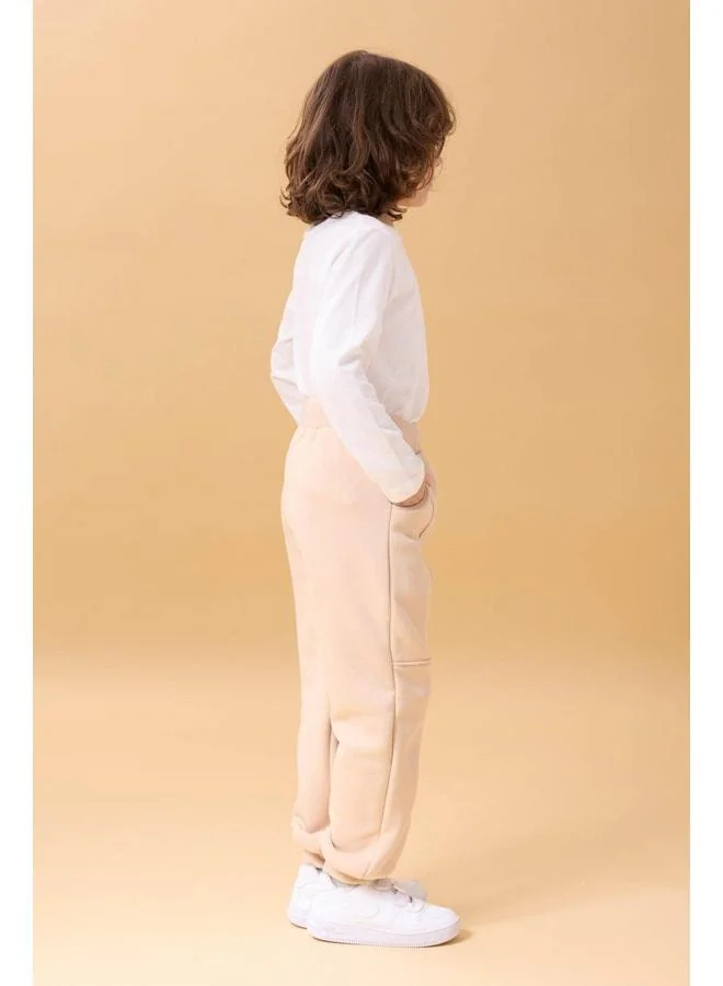 Perendi Thick Jogger Pocket Unisex Kids Sweatpants Beige.