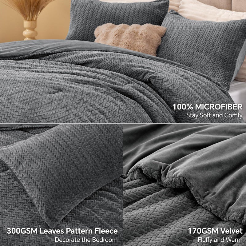 ChiXpace Flannel Fleece Queen Comforter Set - Furry Grey Leaves Pattern Faux Fur Bed Set, Winter Ultra Soft Fuzzy Comfort Set, Velvet Bedding Set for Bed with 2 Pillow Cases - Image 2