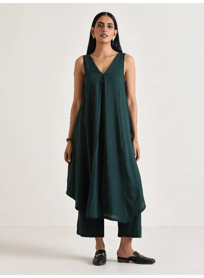 Dark Green Sleeveless Flared  Kurta Pant Set