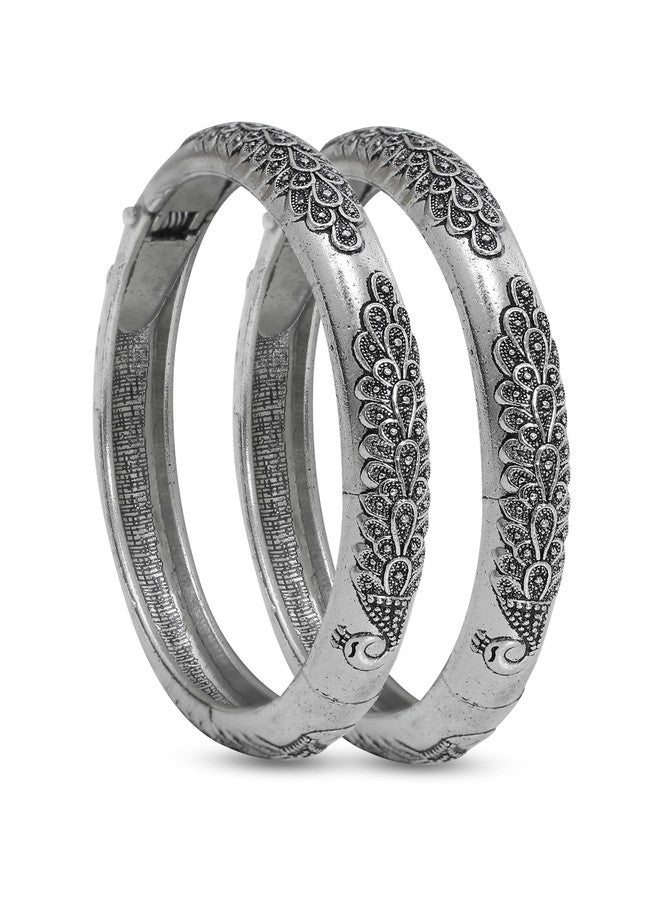 Siddhatva 2 pc Statement Ethnic Traditional Oxidised German Silver Peacock Open Bangles Kada Jewelry Women - Image 1