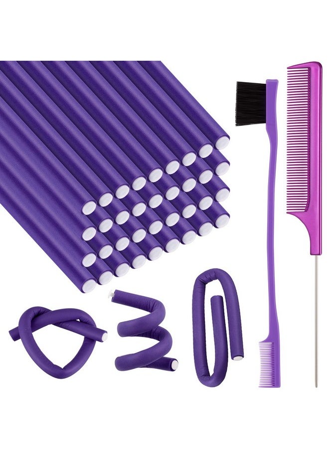 Chuangdi - 36 Pieces Flexible Foam Curling Rods Twist Foam Hair Roller Bendy Rollers Soft No Heat Hair Rollers And Hair Edge Brush Rat Tail Comb For Women Girls Short Medium Long Hair (Purple0.32 X 9.4 Inch) - Image 1