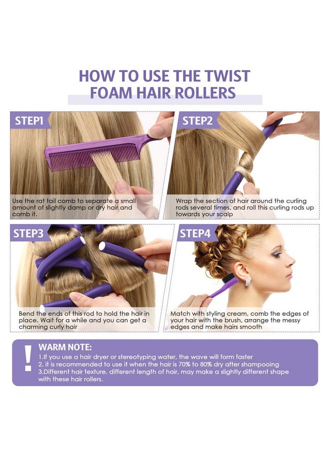 Chuangdi - 36 Pieces Flexible Foam Curling Rods Twist Foam Hair Roller Bendy Rollers Soft No Heat Hair Rollers And Hair Edge Brush Rat Tail Comb For Women Girls Short Medium Long Hair (Purple0.32 X 9.4 Inch) - Image 1