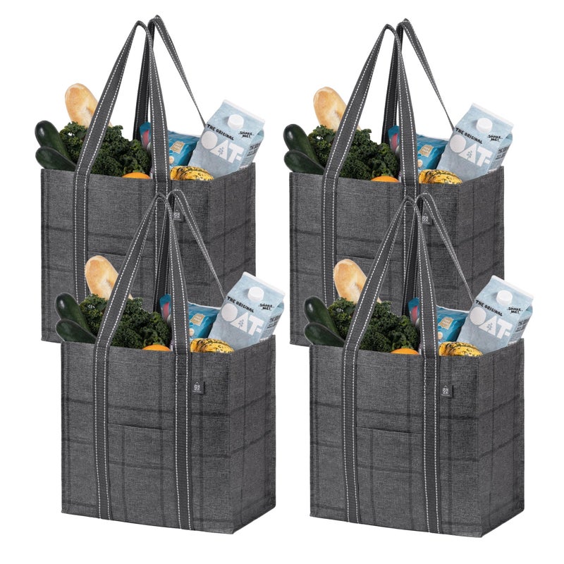 VENO 4 Pack Reusable Grocery Bags with Hard Bottom, Heavy-Duty Shopping Bags for Shopping Cart (Windowpane, 4 Pack) - Image 1