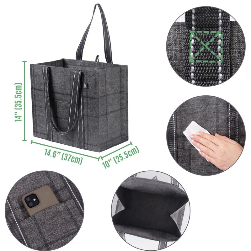 VENO 4 Pack Reusable Grocery Bags with Hard Bottom, Heavy-Duty Shopping Bags for Shopping Cart (Windowpane, 4 Pack) - Image 3