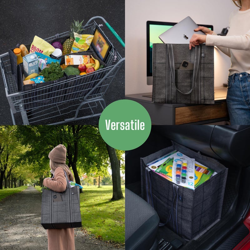 VENO 4 Pack Reusable Grocery Bags with Hard Bottom, Heavy-Duty Shopping Bags for Shopping Cart (Windowpane, 4 Pack) - Image 2