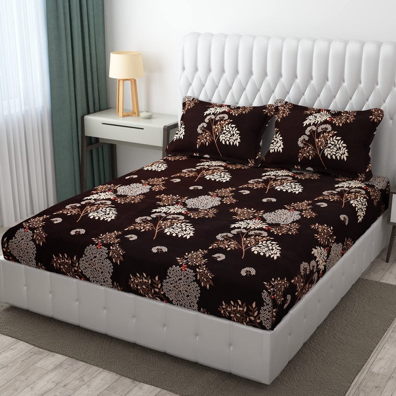 BELVOSTUM Belvostum 280 TC Soft 100 Organic Microfiber 3D Printed Bedsheet for Double Bed with 2 Pillows Covers 90x100 Inches Coffee Brown - Image 1