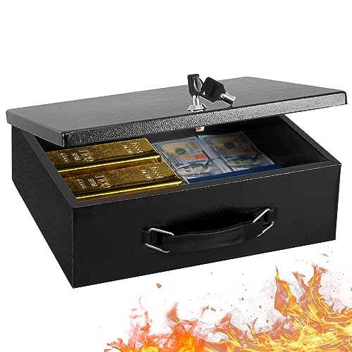 KYODOLED Fireproof Document Box with Key Lock, Large Safe Storage Box for Valuables, Fire Resistance Security Chest, Lock Box for Passport, Cash, Tablet 12.9'' x 10.7'' x 4.2'' Black - Image 1