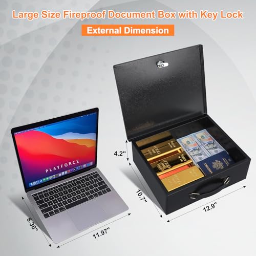 KYODOLED Fireproof Document Box with Key Lock, Large Safe Storage Box for Valuables, Fire Resistance Security Chest, Lock Box for Passport, Cash, Tablet 12.9'' x 10.7'' x 4.2'' Black - Image 2