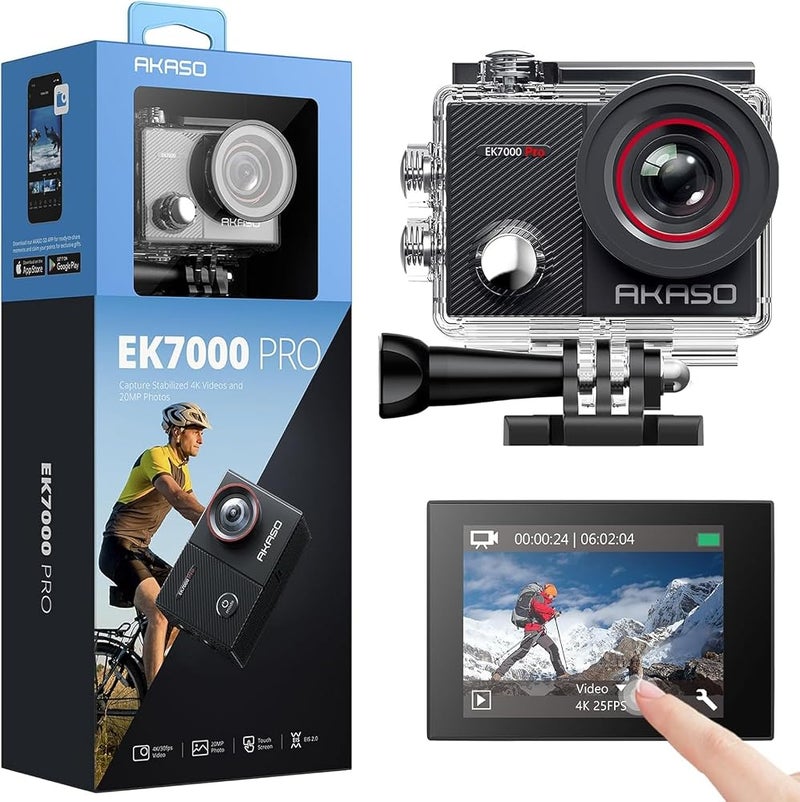 أكاسو كاميرا AKASO EK7000 Pro 4K مع شاشة تعمل باللمس وتقنية EIS، مقاومة للماء حتى عمق 131 قدم، تأتي مع مجموعة إكسسوارات للخوذة - Image 1