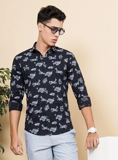 The Indian Garage Co Men Slim Fit Floral Printed Full Sleeves Cutaway Collar Casual Shirt