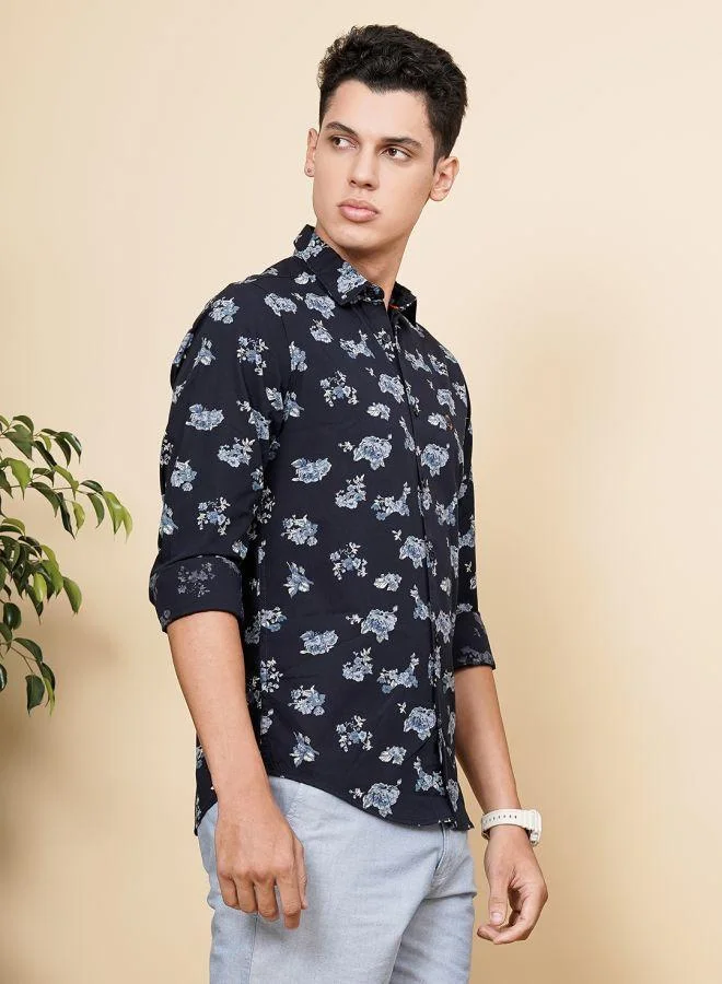 The Indian Garage Co Men Slim Fit Floral Printed Full Sleeves Cutaway Collar Casual Shirt