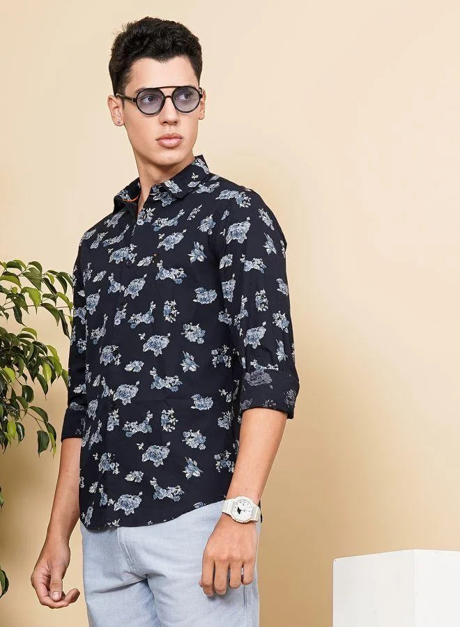 The Indian Garage Co Men Slim Fit Floral Printed Full Sleeves Cutaway Collar Casual Shirt