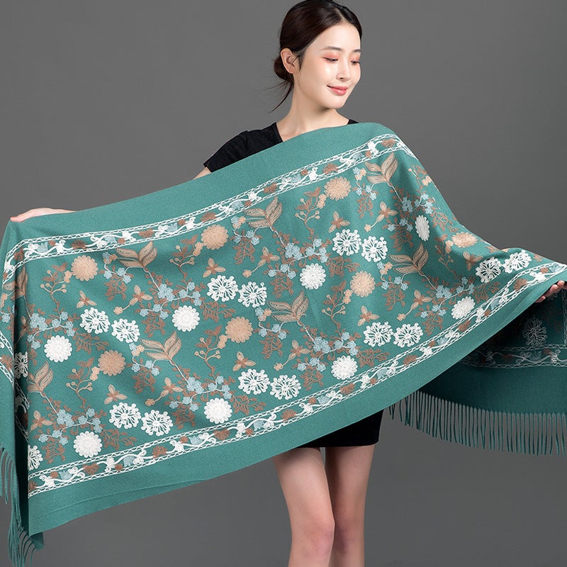 Korean Handmade Flower Scarf Warm Red Winter Shawl Snow Pearl Flower-Bean Green 