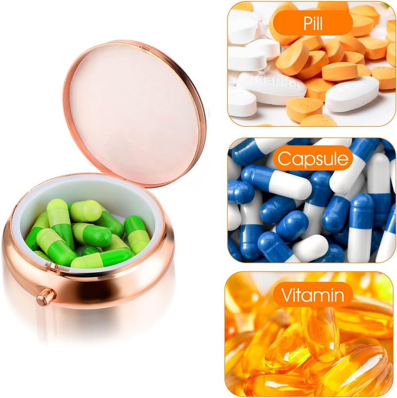ولهيف علبة حبوب لطيفة صغيرة لحقيبة الجيب علبة حبوب سفر علبة حبوب معدنية مقاومة للماء للفيتامينات، زيت السمك والمكمّلات الغذائية ذهب وردي - Image 3