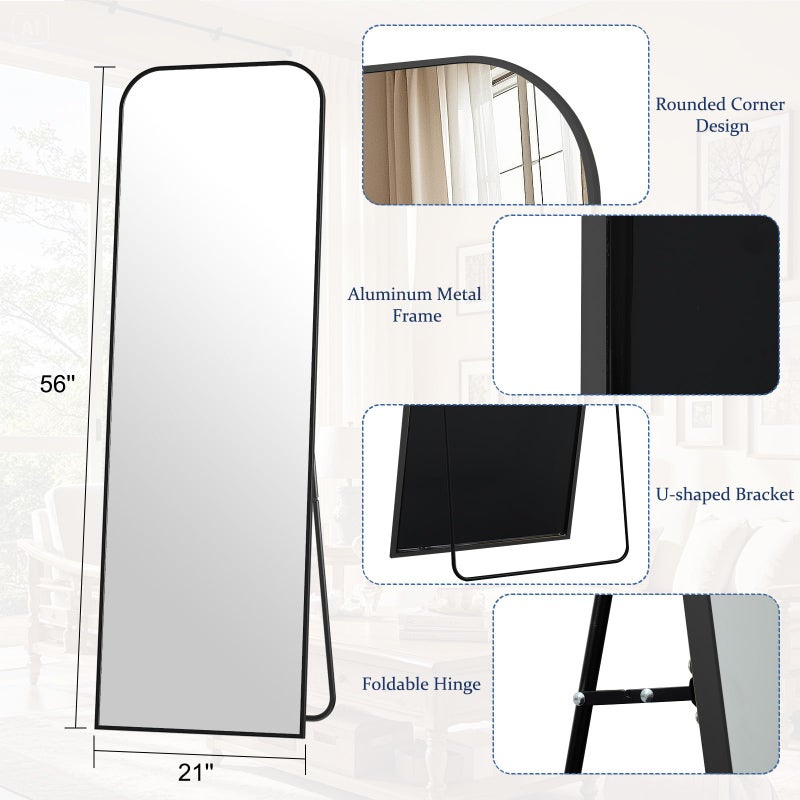 Riskioir Full Length Mirror 56"x21" Arched Floor Standing Large Mirrors Full Body Mirror with Stand - with Aluminum Frame for Bedroom Living Room, Black - Image 2