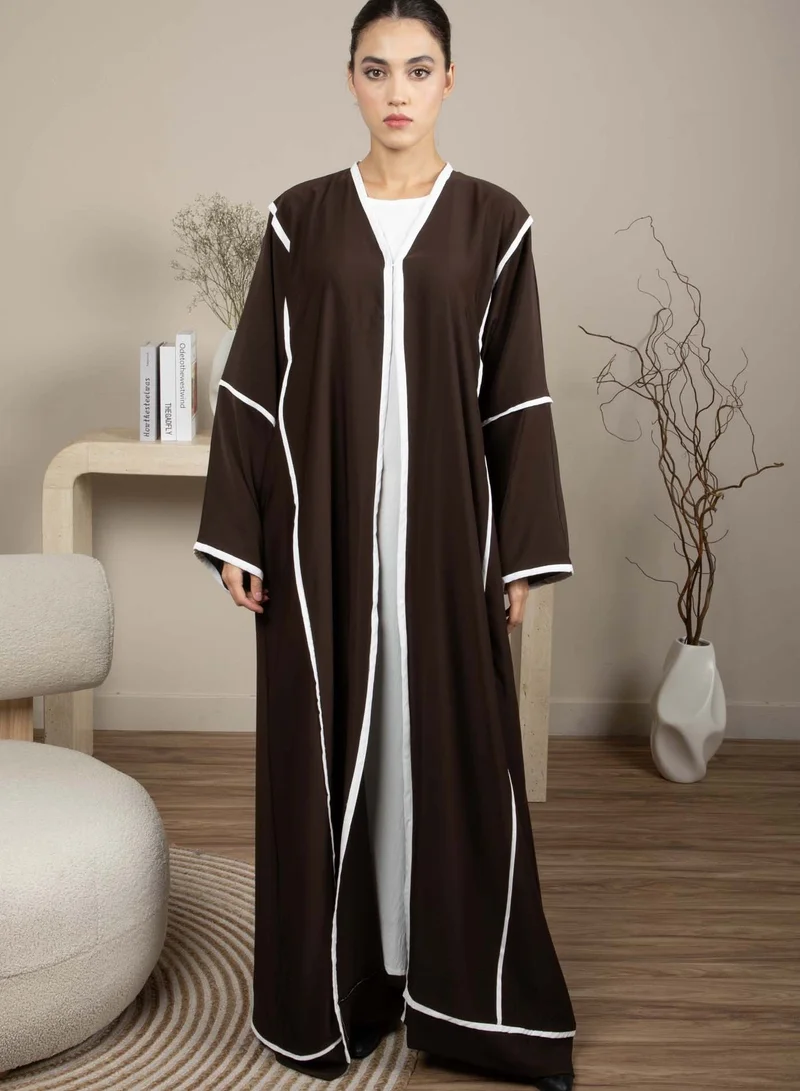 MSquare Fashion Elegant Front Open Brown Nida Abaya with White Contrast Piping