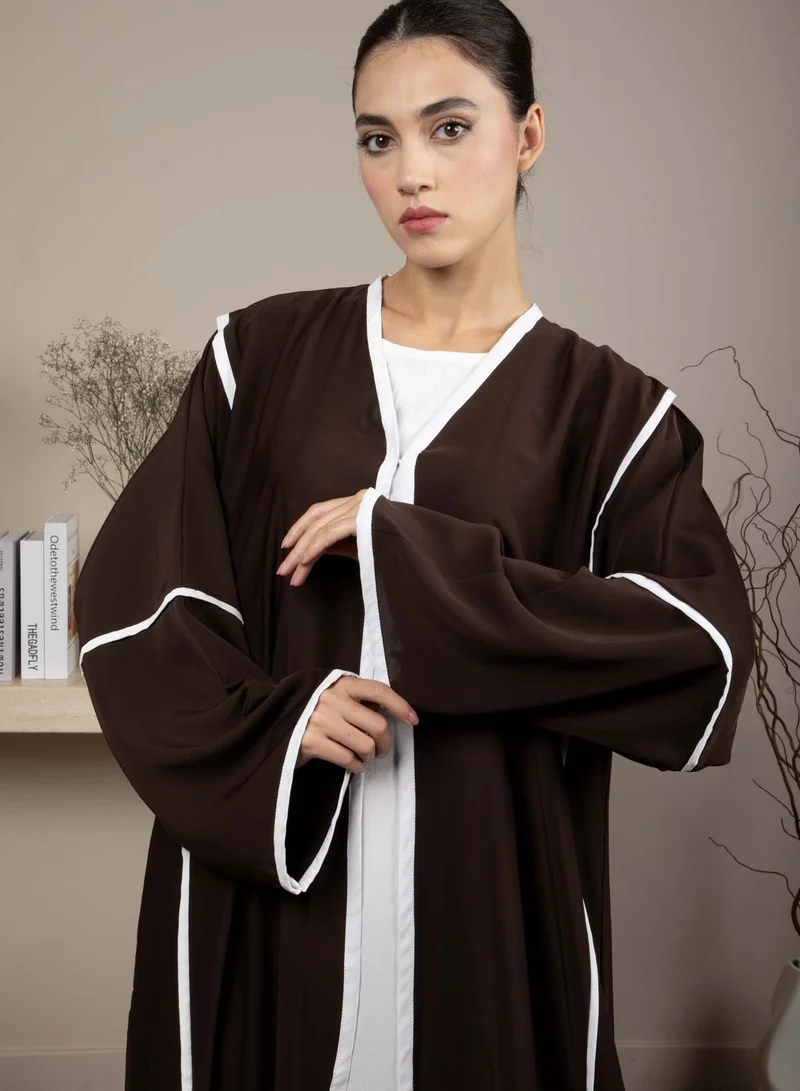MSquare Fashion Elegant Front Open Brown Nida Abaya with White Contrast Piping