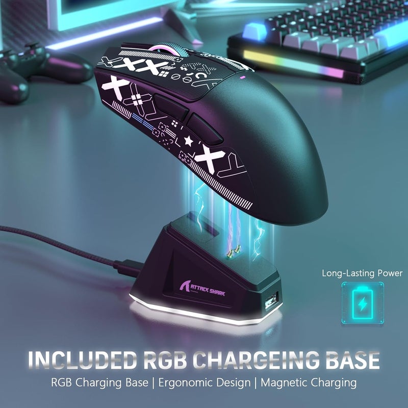 ماجيك-ريفاينر Attack Shark X11 59g ماوس ألعاب لاسلكي فائق الخفة مع شريط قبضة وقاعدة شحن RGB، ماوس كمبيوتر لاسلكي/سلكي BT/2.4G، 22000 DPI، 5 أزرار قابلة للبرمجة للكمبيوتر/ماك (أسود) - Image 3